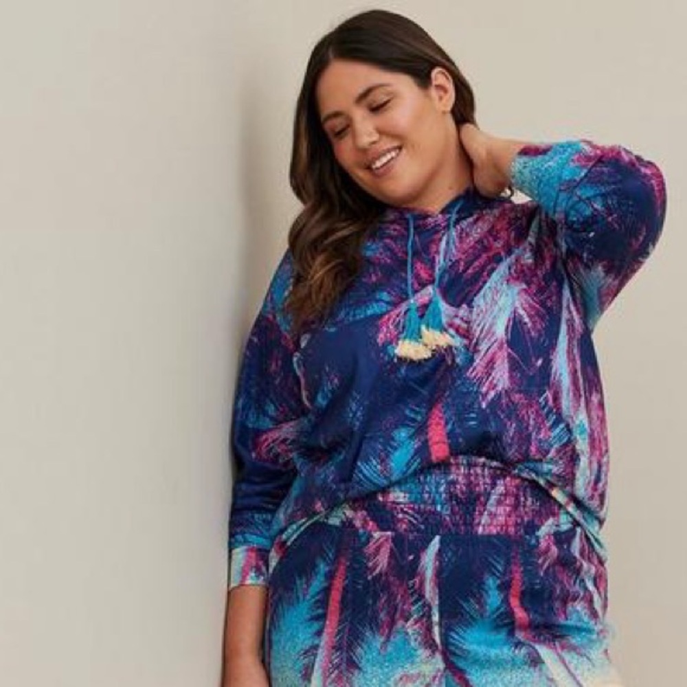 New Sz 5 Torrid Blue and Pink Palm Patterned Hoodie- pullover loungewear